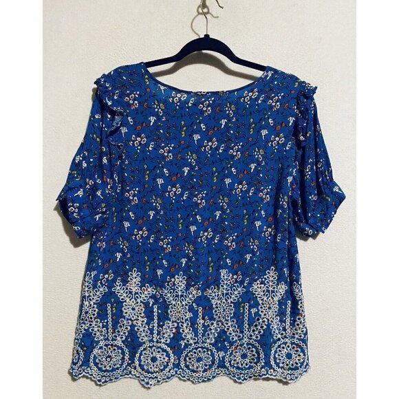 Solitaire Top Womens Large Blue Floral Ruffle Embroidered Scalloped Hem Romantic - Picture 5 of 9